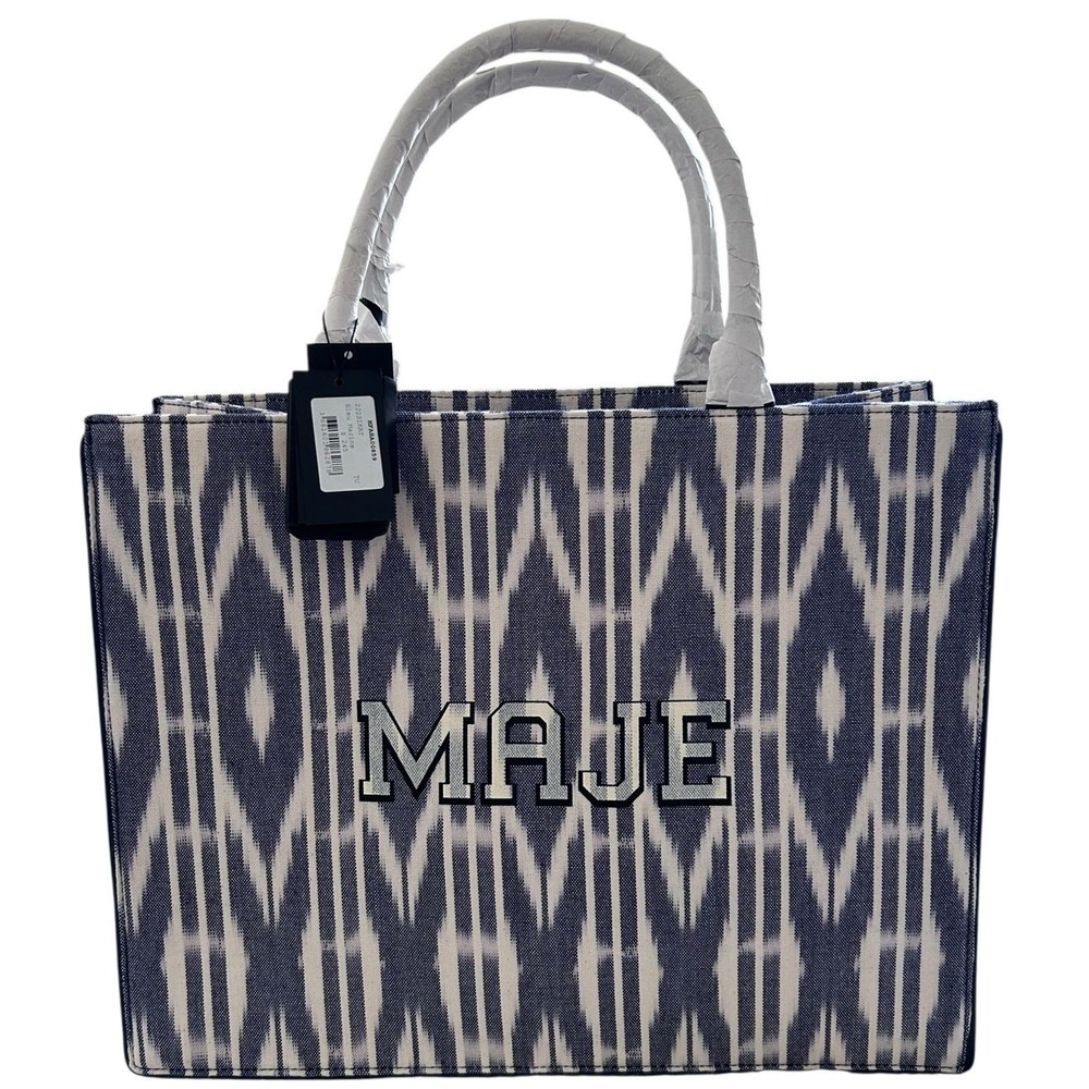 Maje Blue Ikat Canvas Tote Bag Large Logo Shopper‎ Travel Bag NWT